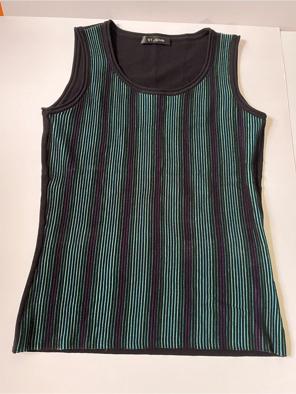 St. John Ribbed Knit Striped Tank Top Size Small Teal Purple Black Scoop Neck